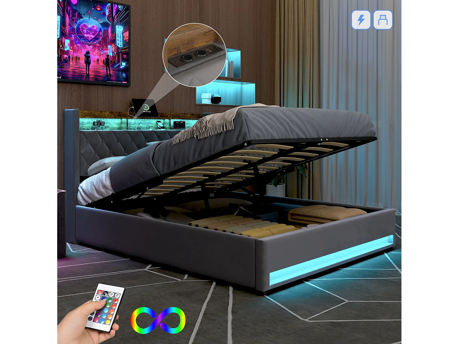 Lit coffre capitonné 160x200 cm,en velours néerlandais gris, avec LED et USB, cadre en MDF et acier, Sans matelas