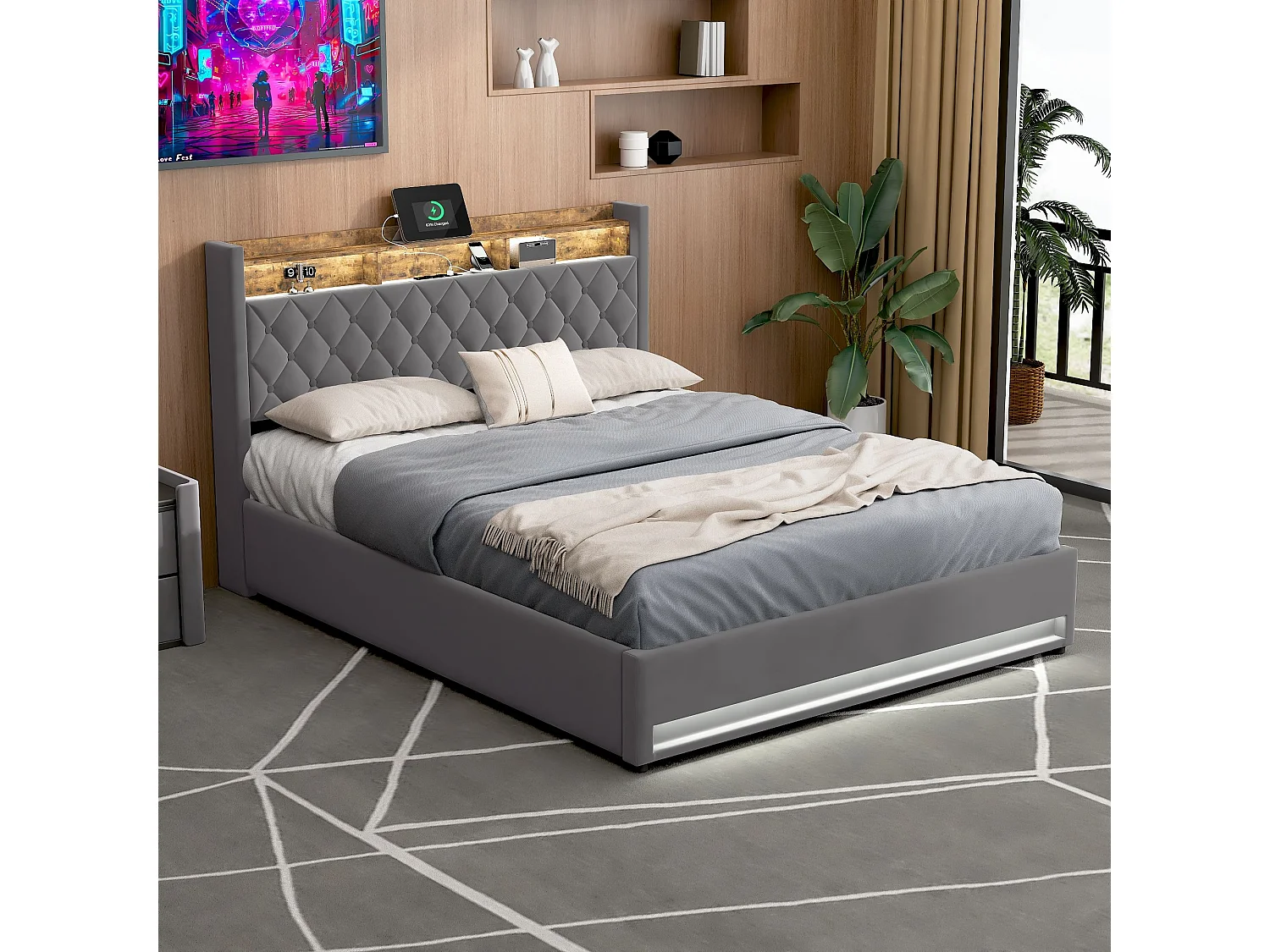 Lit coffre capitonné 160x200 cm,en velours néerlandais gris, avec LED et USB, cadre en MDF et acier, Sans matelas