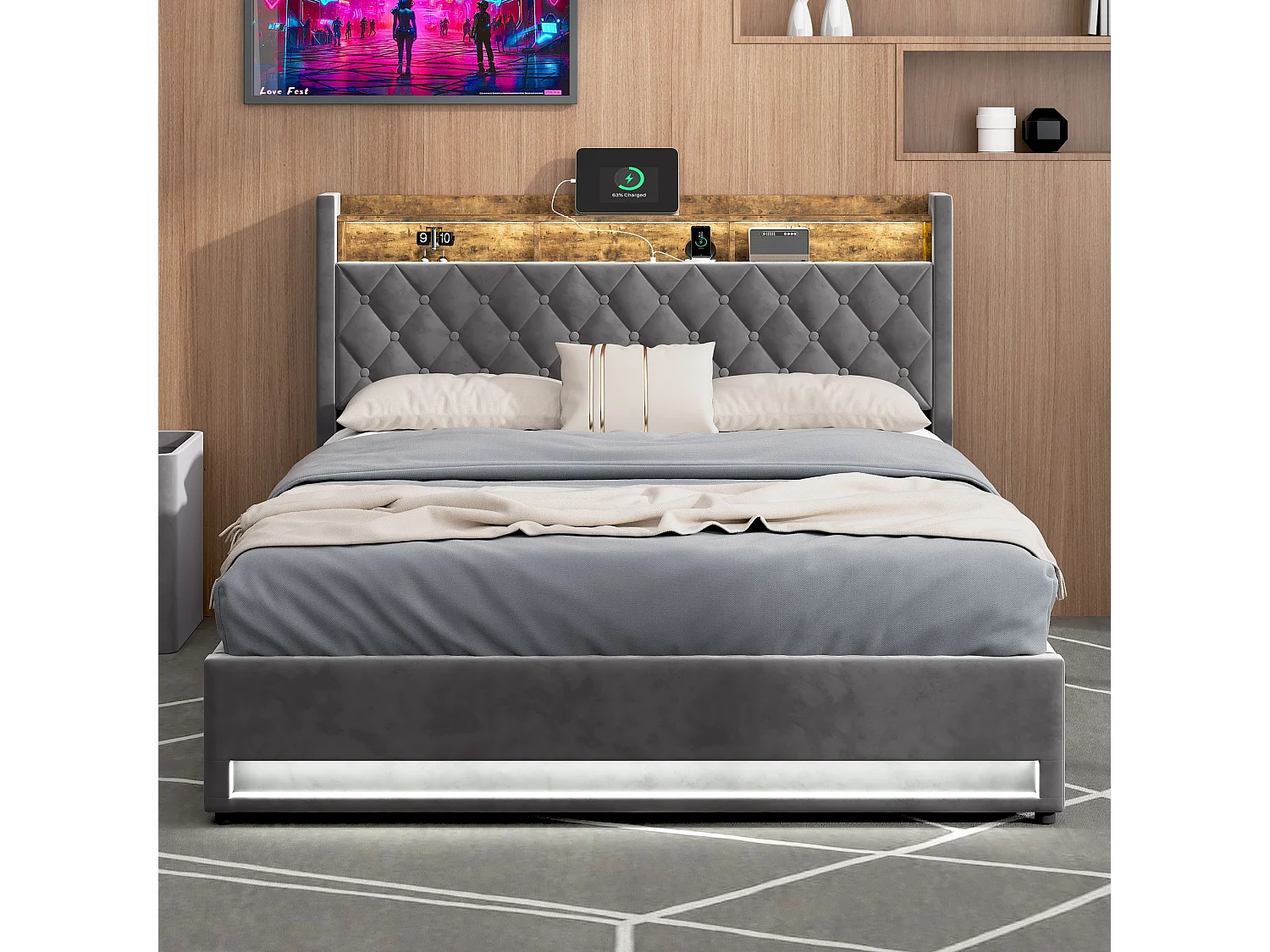Lit coffre capitonné 160x200 cm,en velours néerlandais gris, avec LED et USB, cadre en MDF et acier, Sans matelas