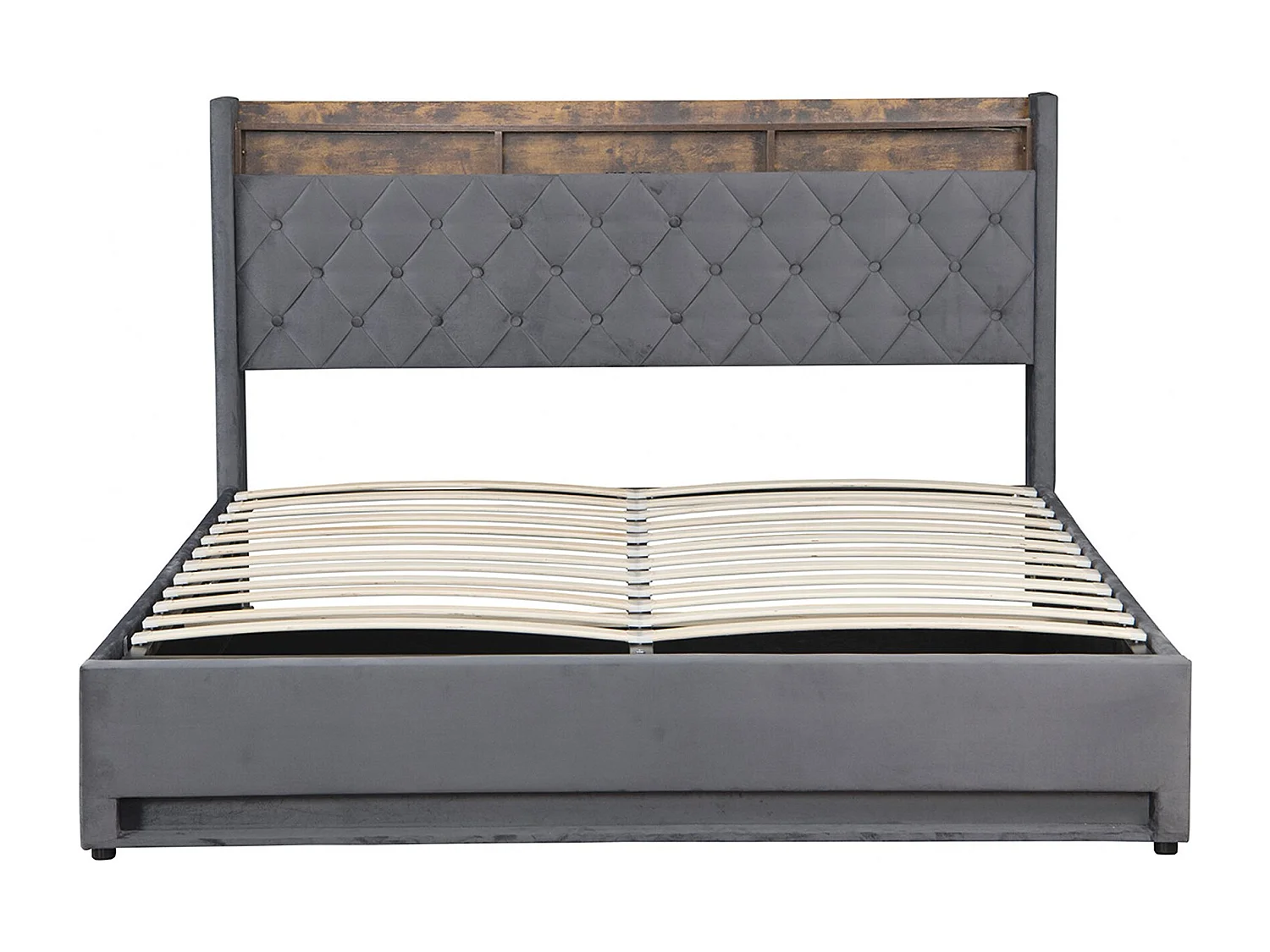 Lit coffre capitonné 160x200 cm,en velours néerlandais gris, avec LED et USB, cadre en MDF et acier, Sans matelas