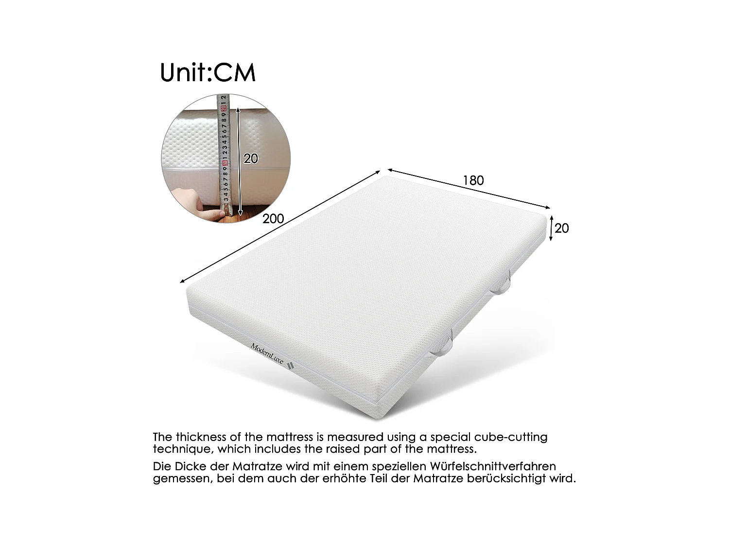 Matelas 180x200cm Mousse HR 7 zones ép.20cm, Déhoussable