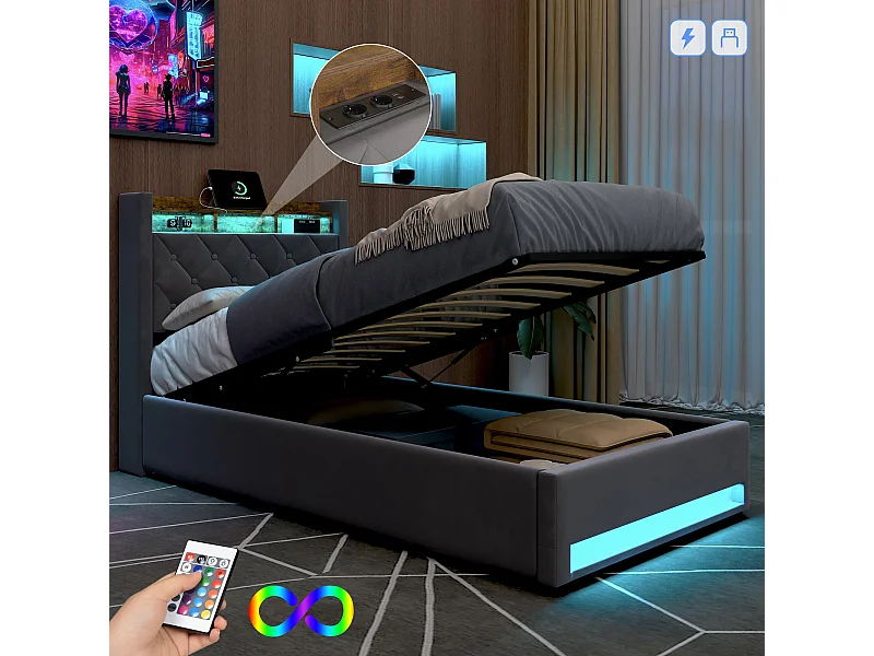 Lit coffre capitonné 90x190 cm,en velours néerlandais gris, avec LED et USB, cadre en MDF et acier, Sans matelas