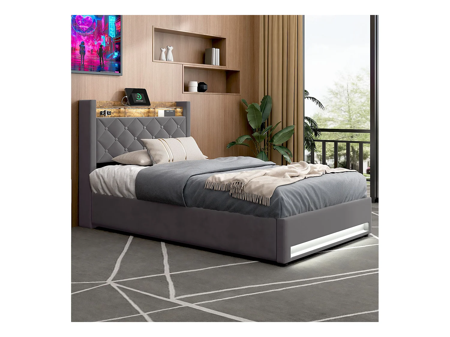 Lit coffre capitonné 90x190 cm,en velours néerlandais gris, avec LED et USB, cadre en MDF et acier, Sans matelas