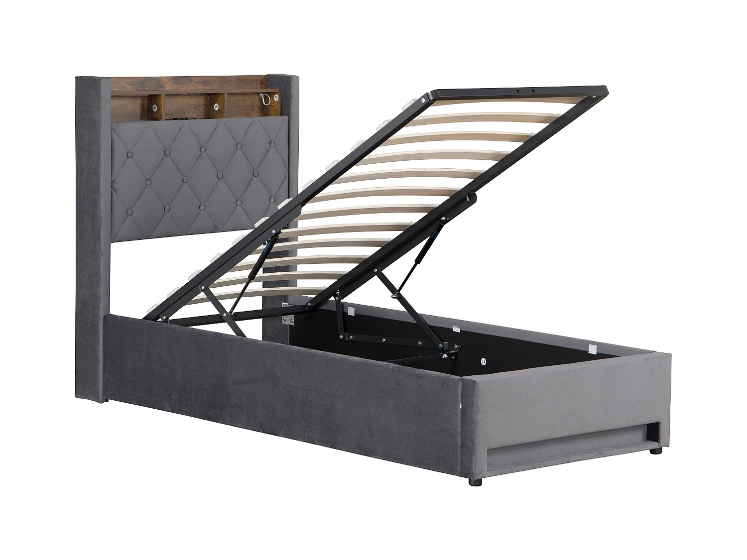 Lit coffre capitonné 90x190 cm,en velours néerlandais gris, avec LED et USB, cadre en MDF et acier, Sans matelas