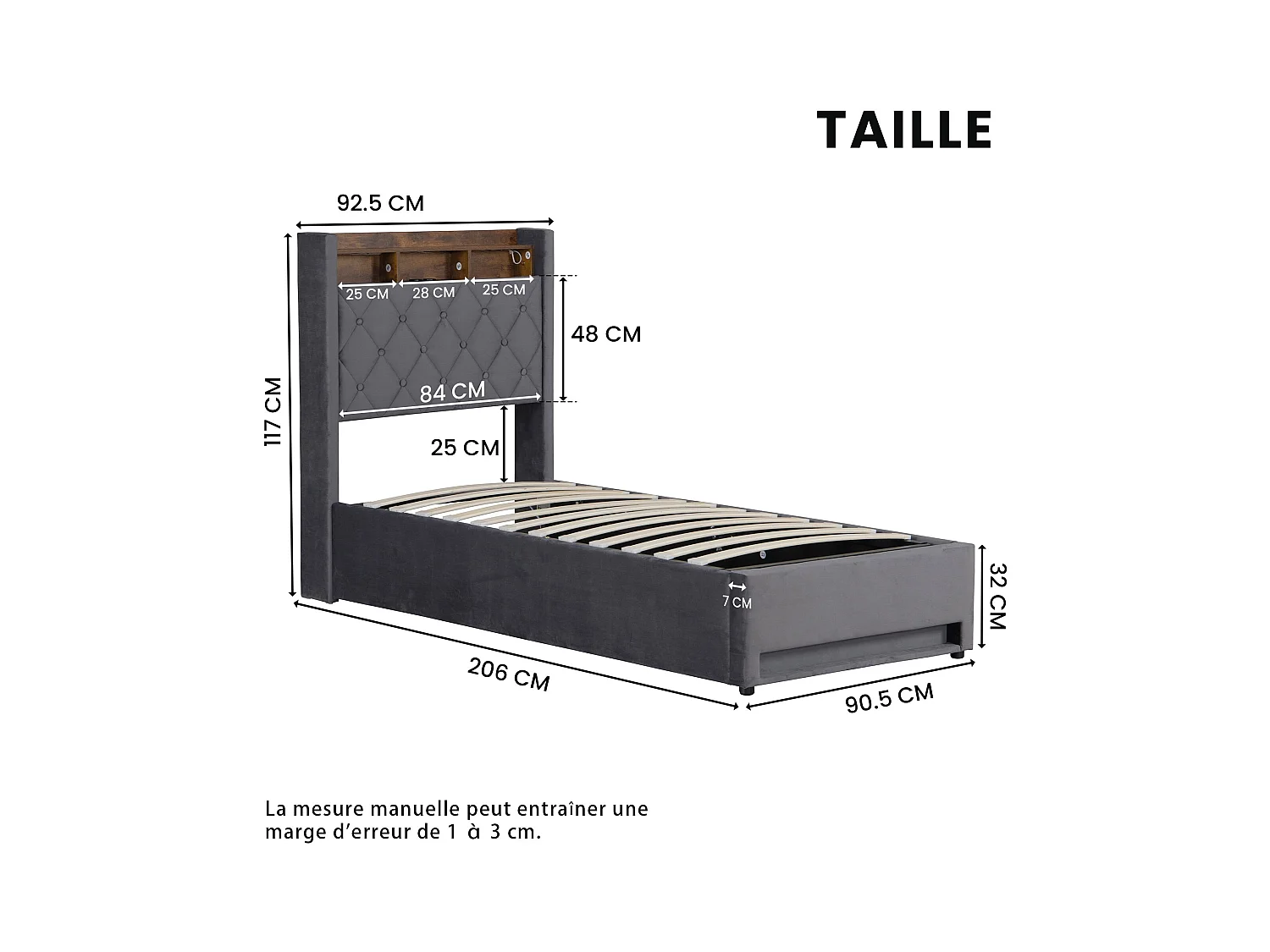 Lit coffre capitonné 90x190 cm,en velours néerlandais gris, avec LED et USB, cadre en MDF et acier, Sans matelas