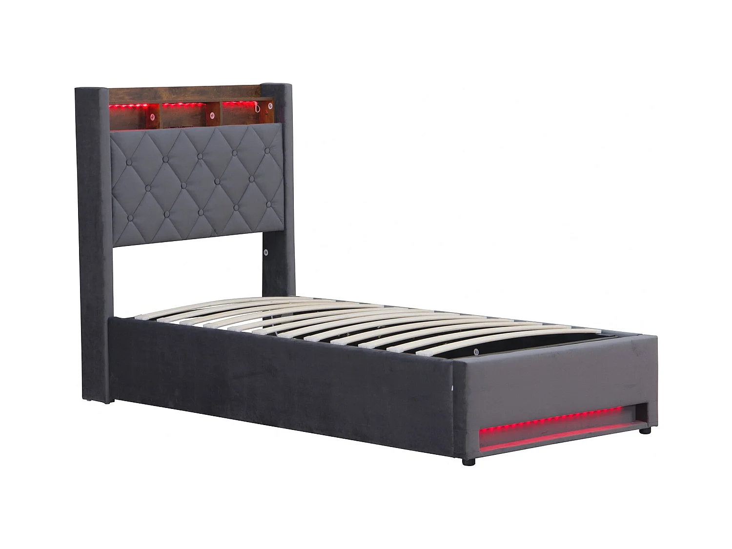 Lit coffre capitonné 90x190 cm,en velours néerlandais gris, avec LED et USB, cadre en MDF et acier, Sans matelas