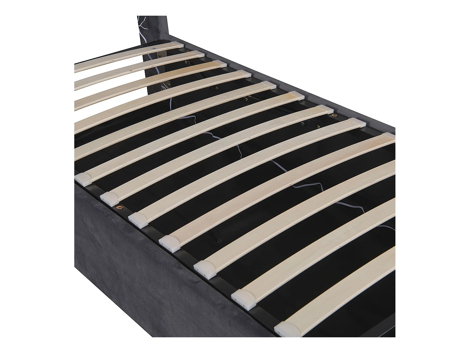 Lit coffre capitonné 90x190 cm,en velours néerlandais gris, avec LED et USB, cadre en MDF et acier, Sans matelas