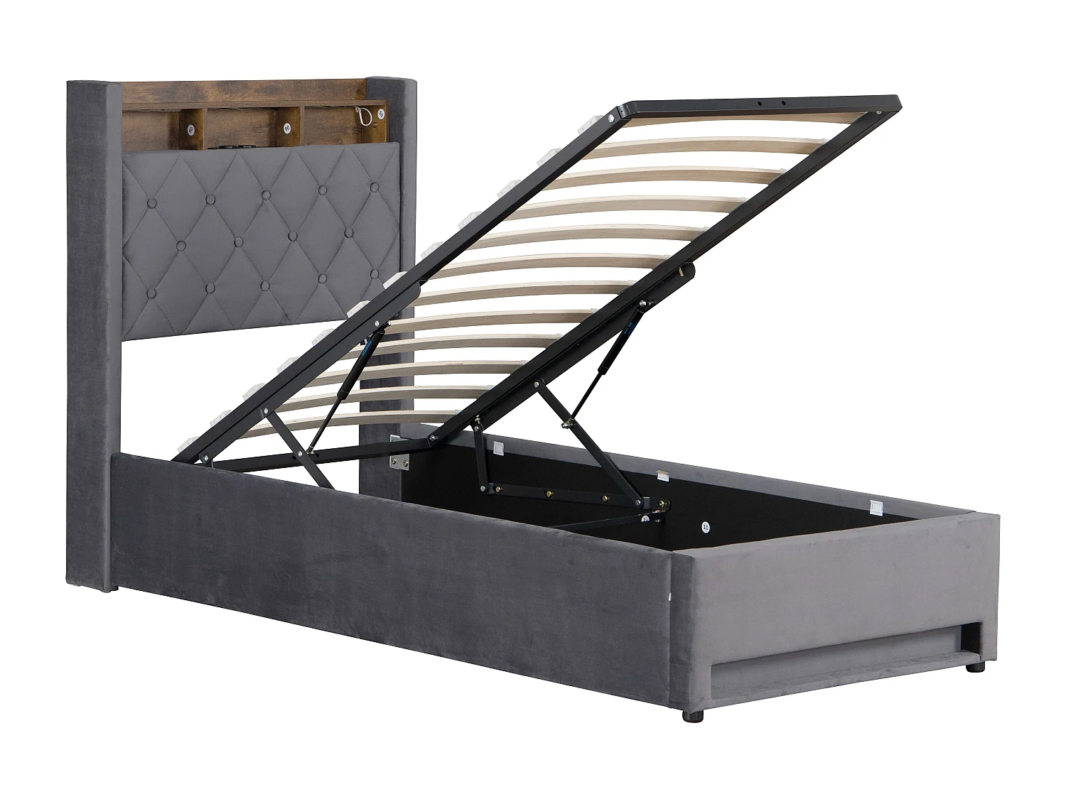 Lit coffre capitonné 90x190 cm,en velours néerlandais gris, avec LED et USB, cadre en MDF et acier, Sans matelas