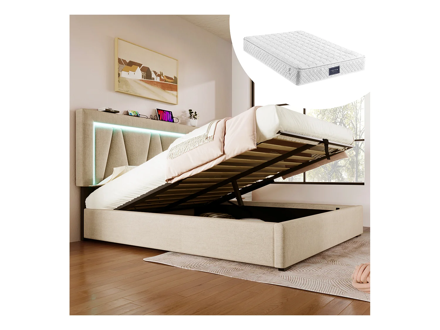 Lit coffre adulte 160x200cm beige en lin avec LED et USB type-C, tête de lit réglable en hauteur, avec matelas