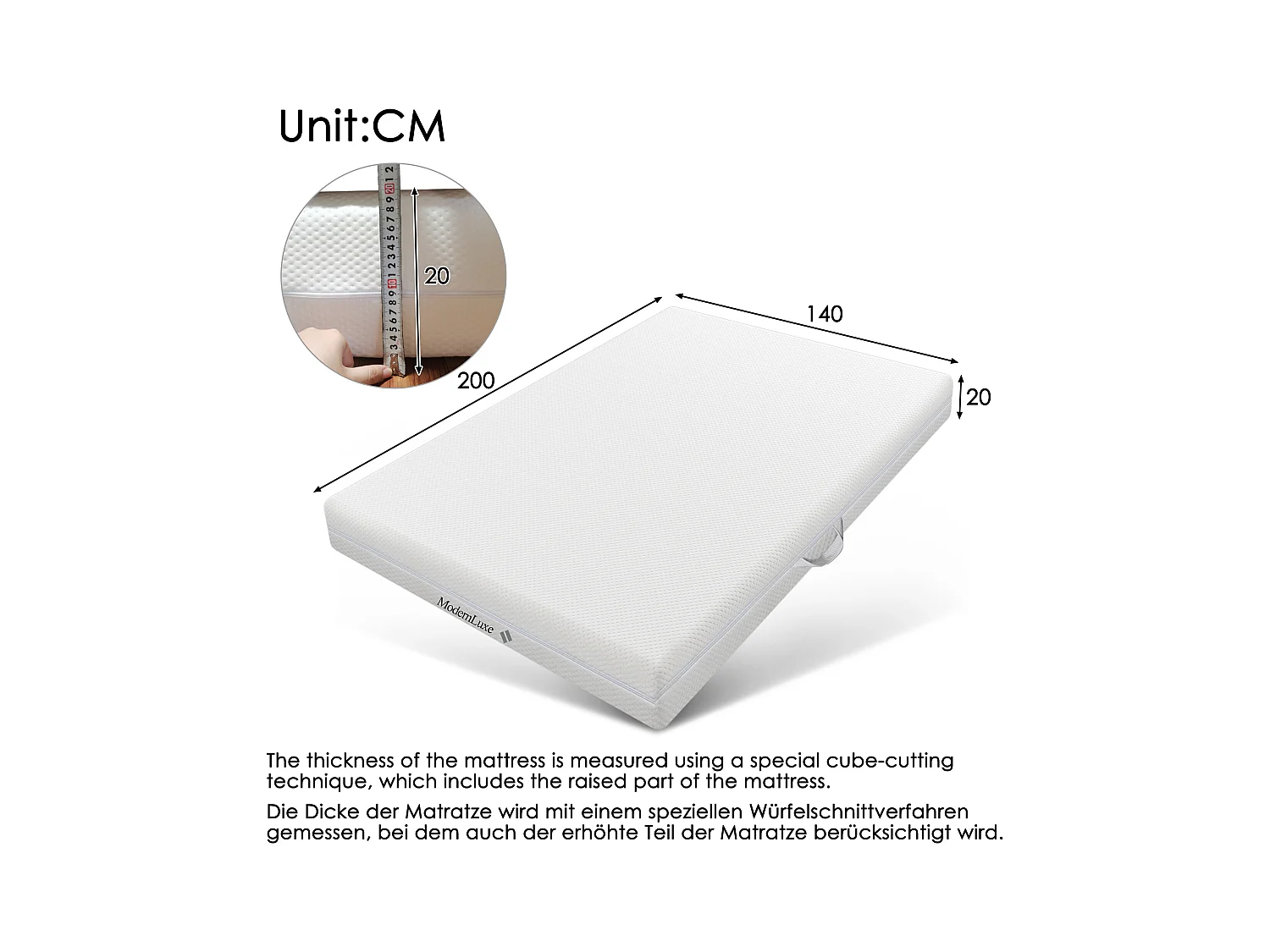 Matelas 140x200cm Mousse HR 7 zones ép.20cm, Déhoussable