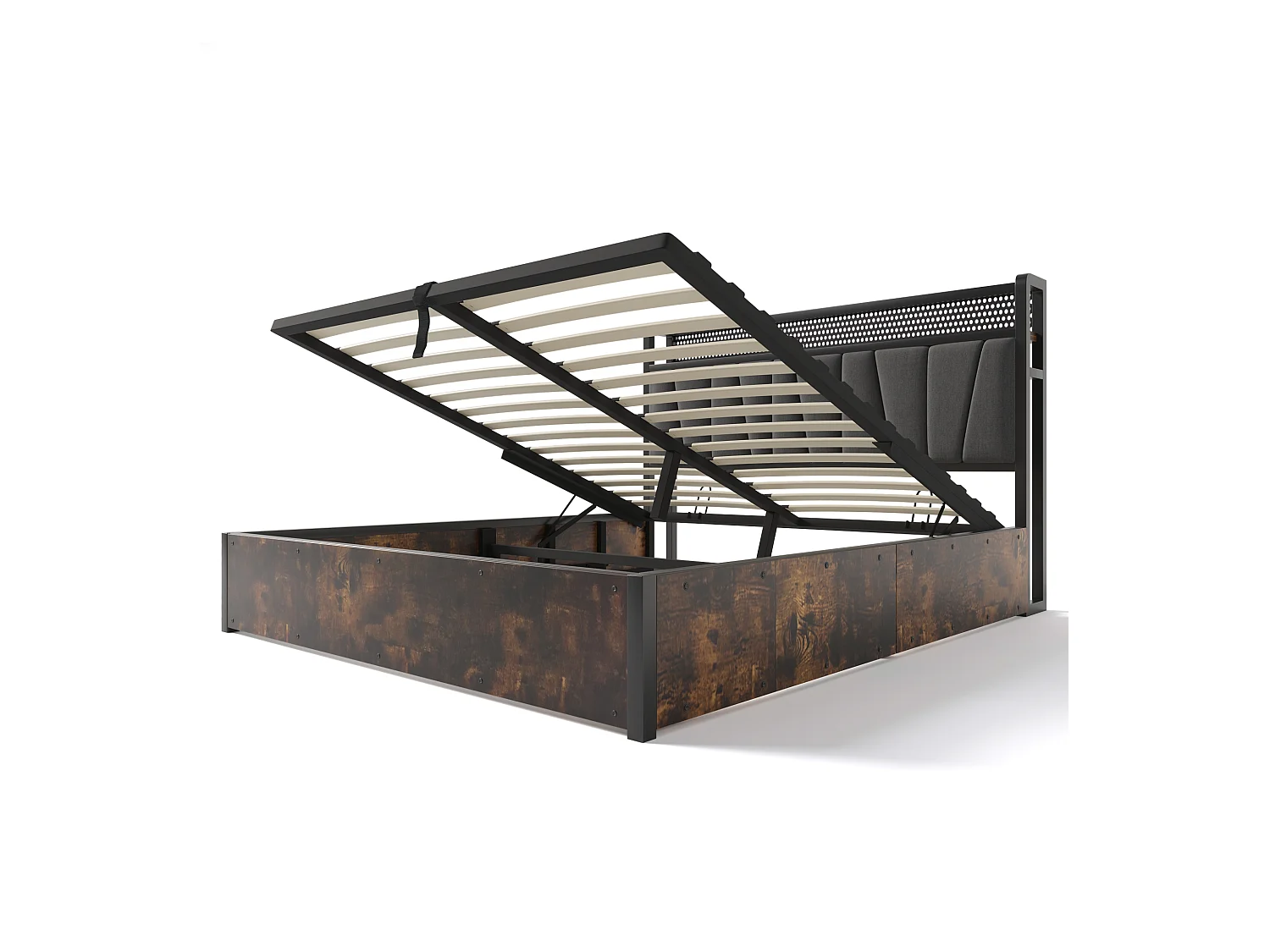 Lit coffre adulte 160x200cm avec LED et USB, prise secteur, tête de lit en lin gris, sans fond, avec matelas