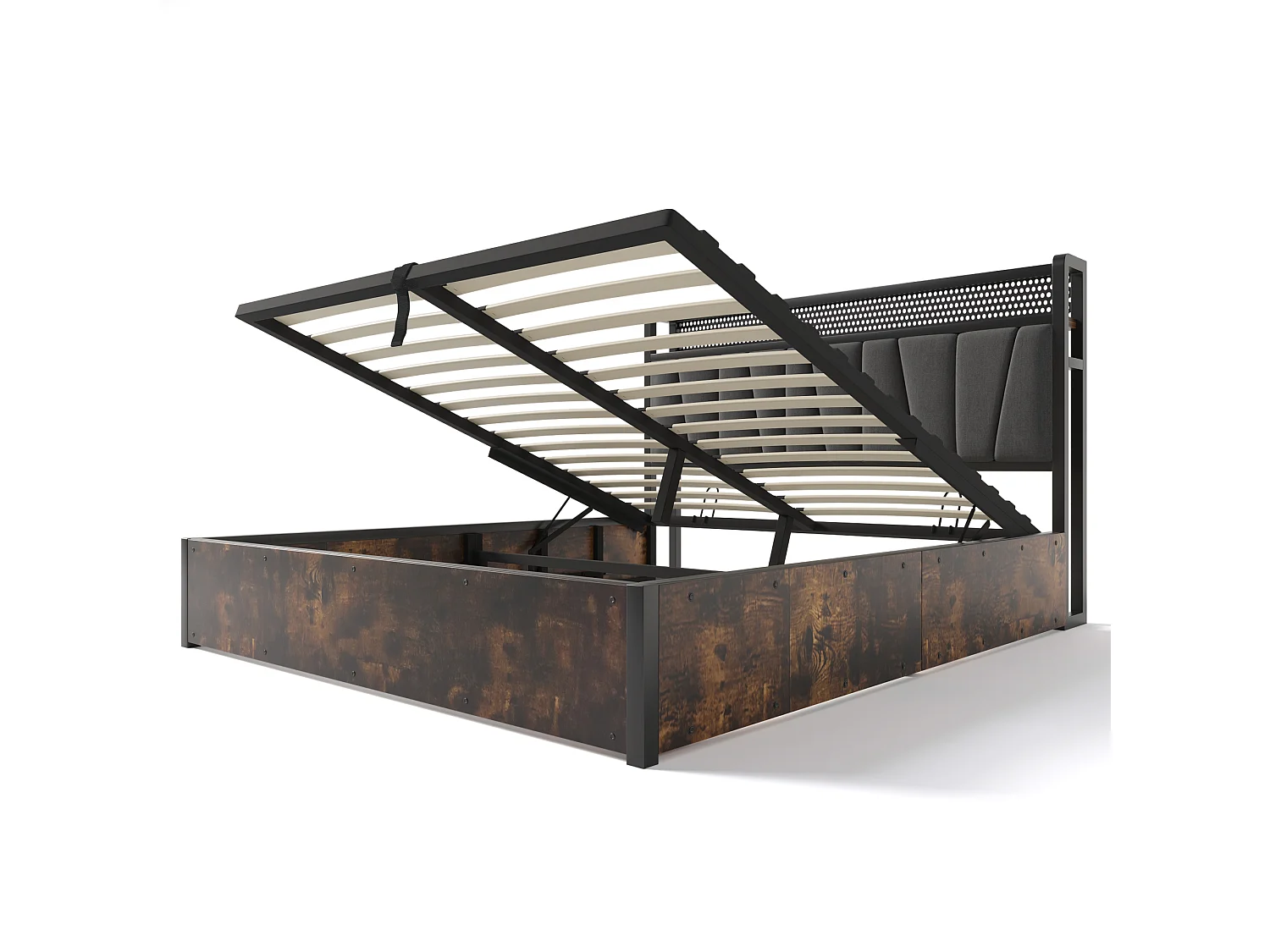 Lit coffre adulte 160x200cm avec LED et USB, prise secteur, tête de lit en lin gris, sans fond, avec matelas