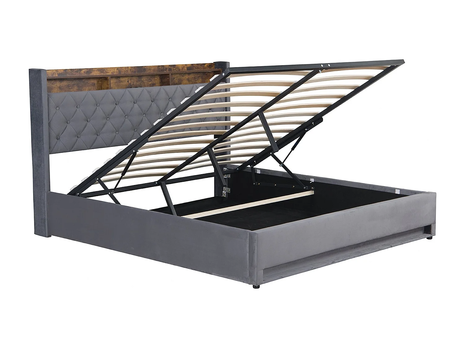 Lit coffre capitonné 140x200 cm,en velours néerlandais gris, avec LED et USB, cadre en MDF et acier, Sans matelas