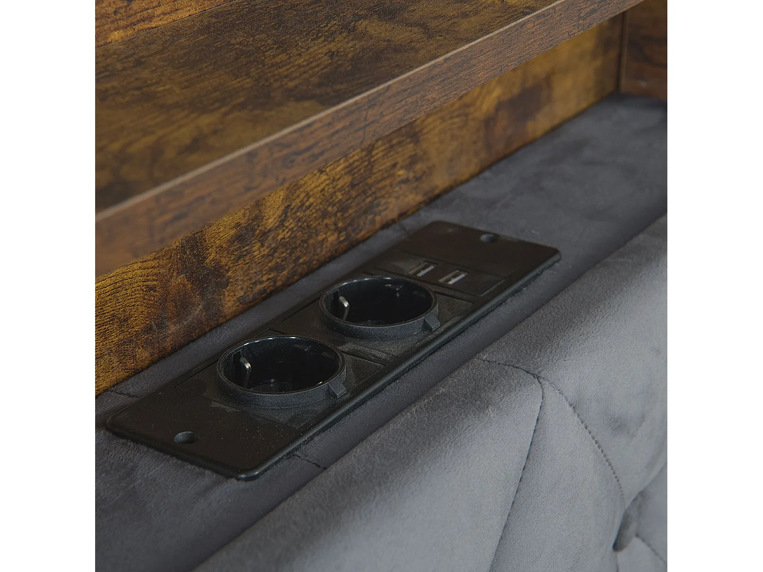 Lit coffre capitonné 140x200 cm,en velours néerlandais gris, avec LED et USB, cadre en MDF et acier, Sans matelas