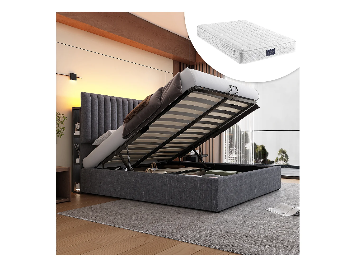 Lit coffre adulte 160x200cm avec LED et USB type-C, tête de lit réglable en hauteur, tissu en lin gris, avec matelas