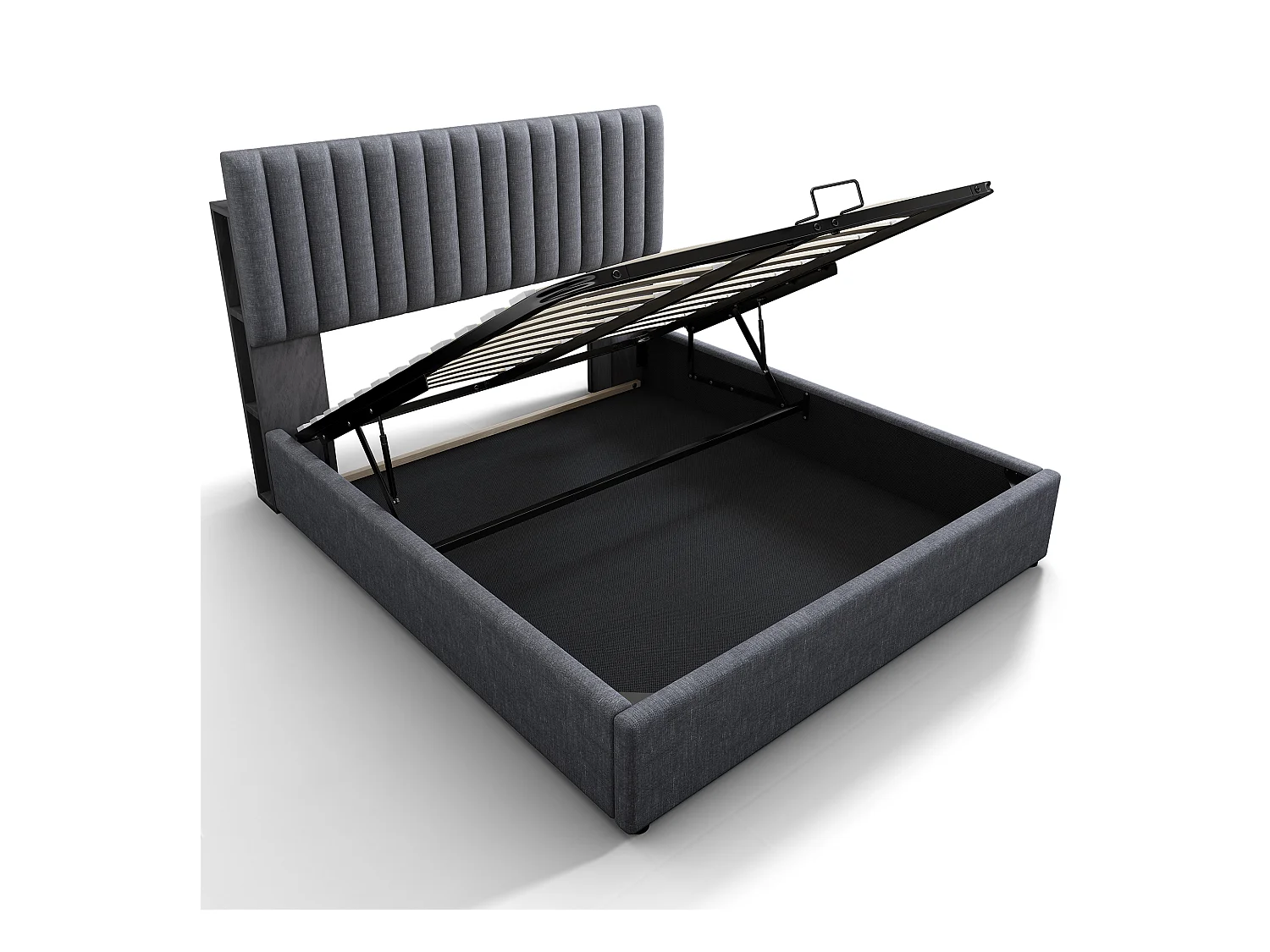 Lit coffre adulte 160x200cm avec LED et USB type-C, tête de lit réglable en hauteur, tissu en lin gris, avec matelas