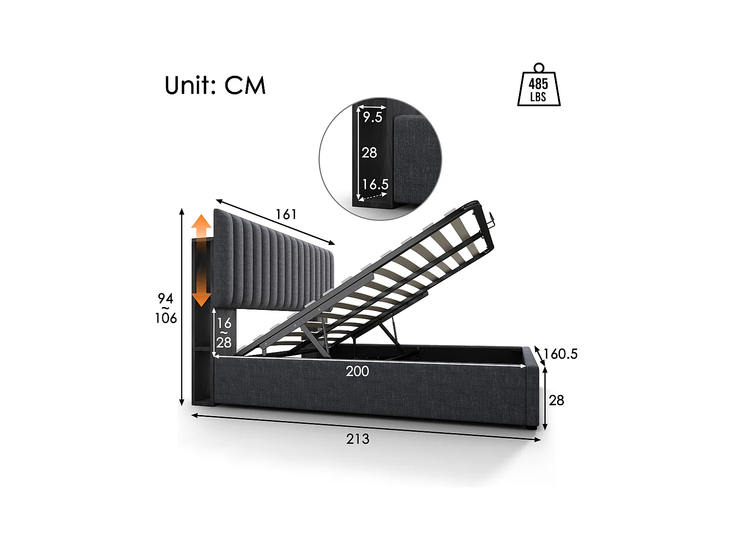 Lit coffre adulte 160x200cm avec LED et USB type-C, tête de lit réglable en hauteur, tissu en lin gris, avec matelas