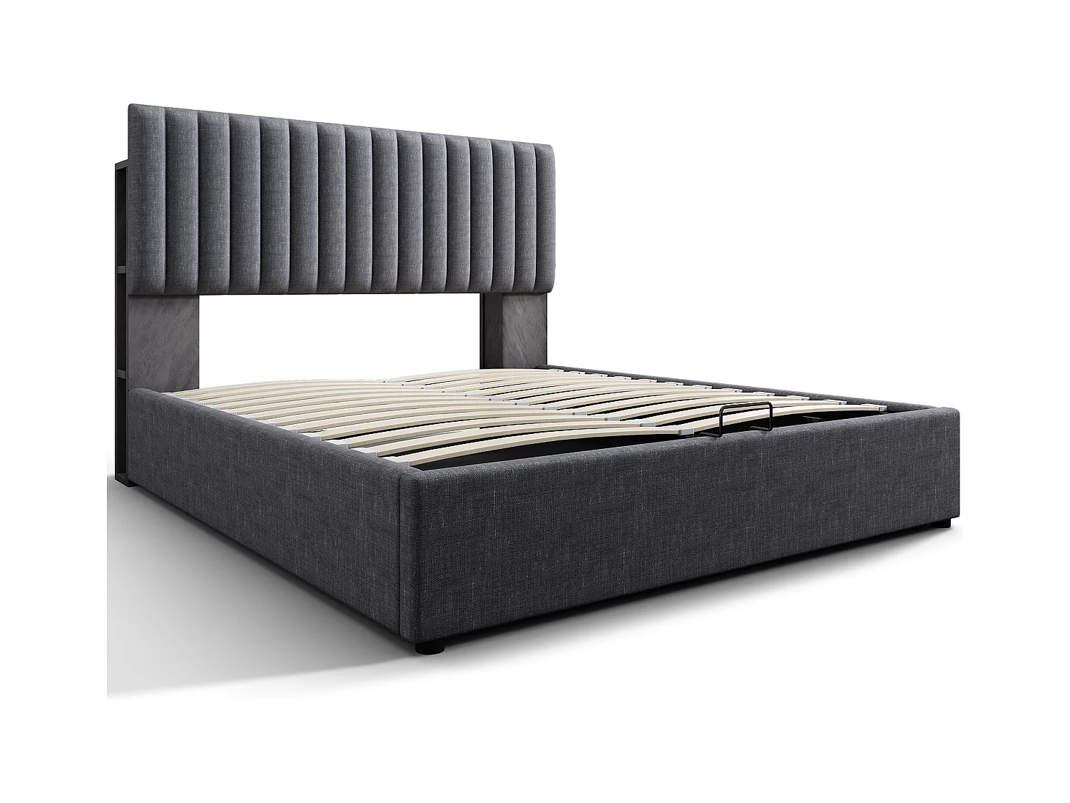 Lit coffre adulte 160x200cm avec LED et USB type-C, tête de lit réglable en hauteur, tissu en lin gris, avec matelas