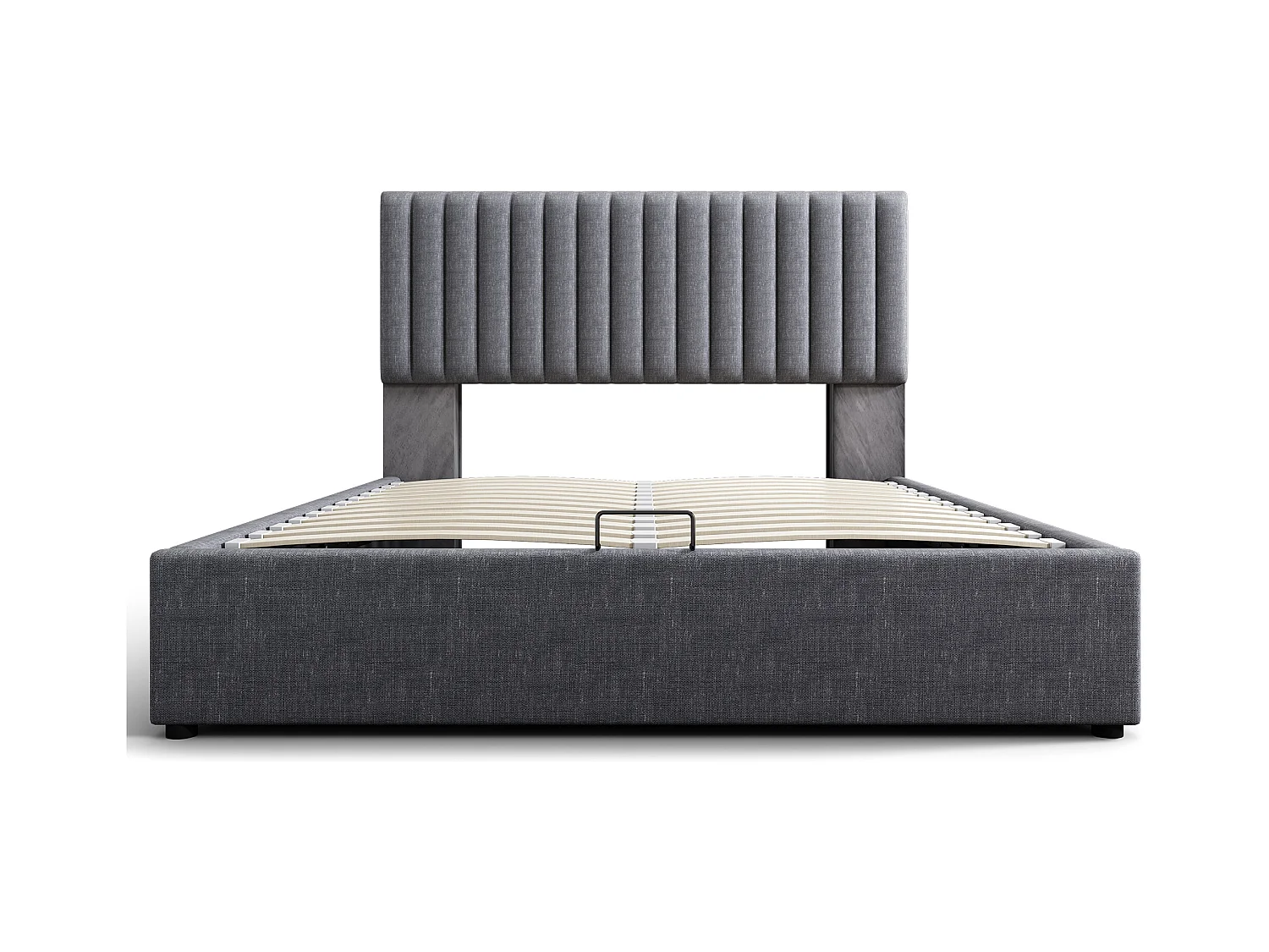 Lit coffre adulte 160x200cm avec LED et USB type-C, tête de lit réglable en hauteur, tissu en lin gris, avec matelas