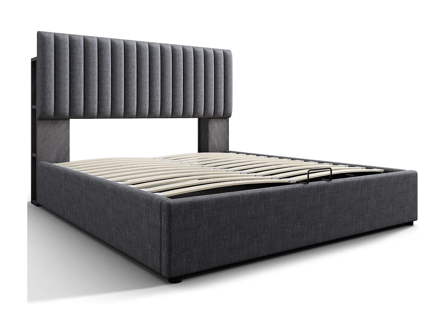 Lit coffre adulte 160x200cm avec LED et USB type-C, tête de lit réglable en hauteur, tissu en lin gris, avec matelas