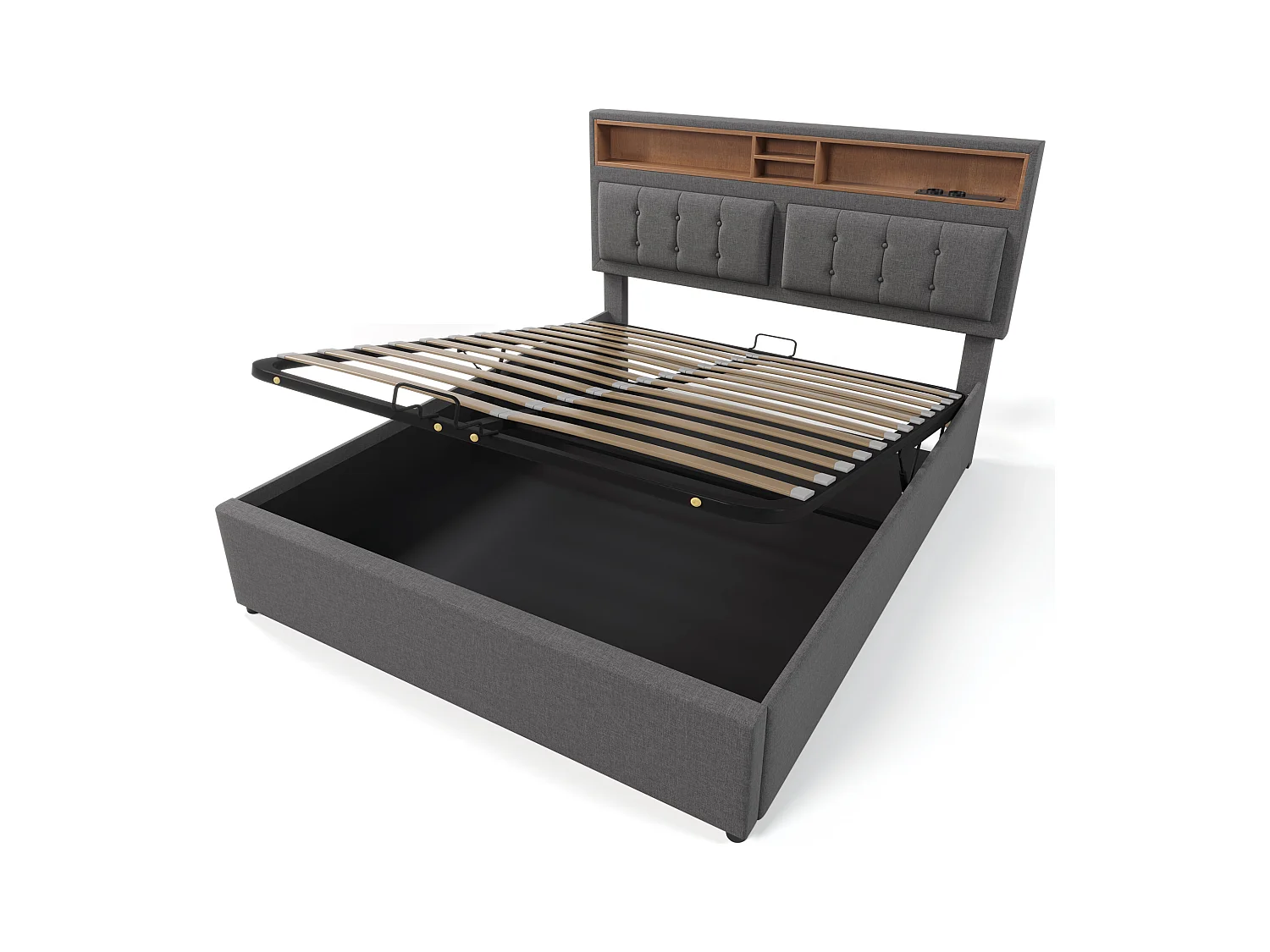 Lit coffre adulte 140x200cm avec USB,Type-C et 2 prises, tissu en lin gris, tête de lit réglable, avec matelas