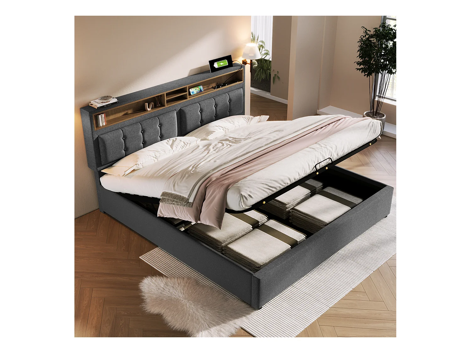 Lit coffre adulte 140x200cm avec USB,Type-C et 2 prises, tissu en lin gris, tête de lit réglable, avec matelas