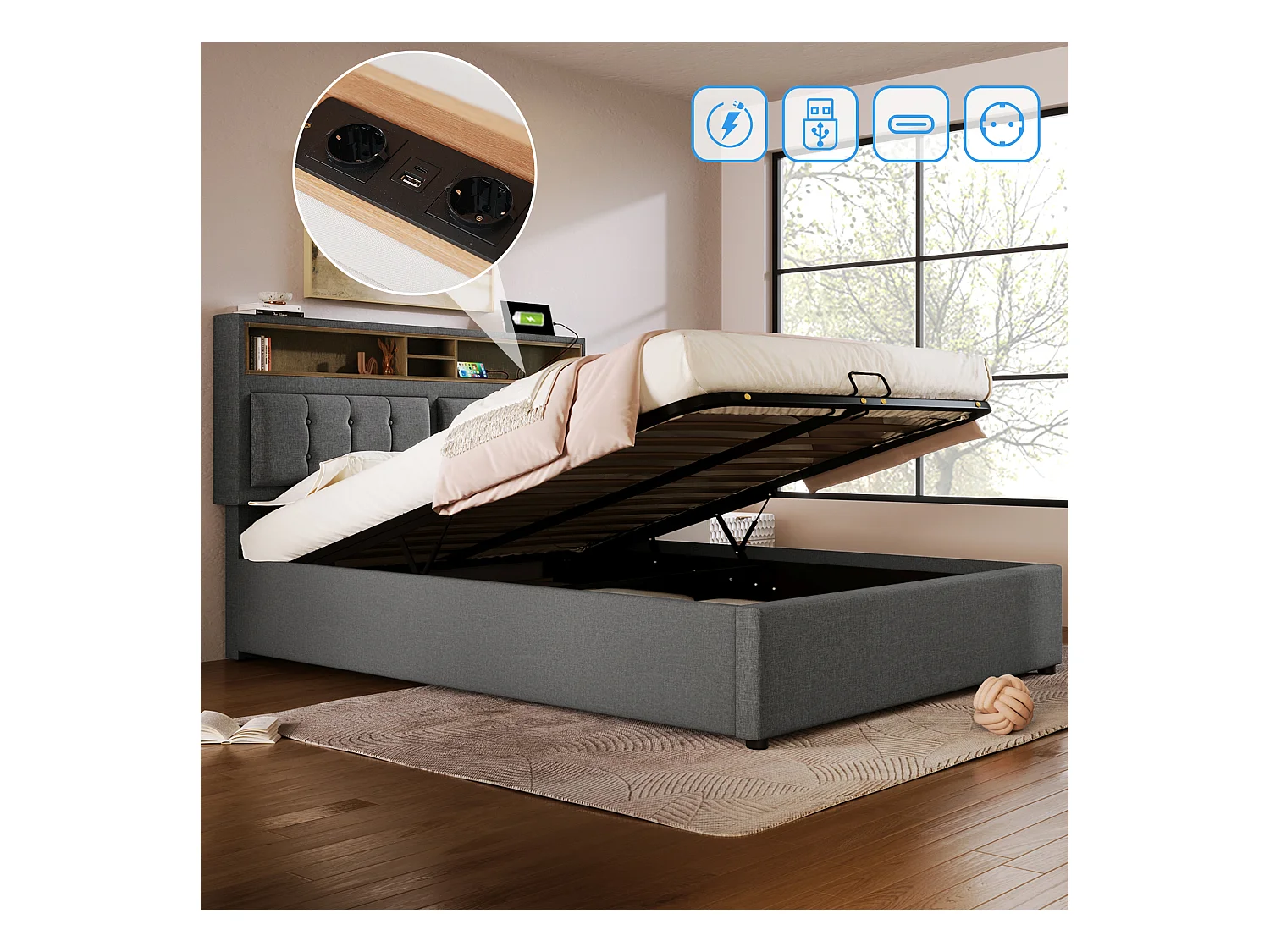 Lit coffre adulte 140x200cm avec USB,Type-C et 2 prises, tissu en lin gris, tête de lit réglable, avec matelas