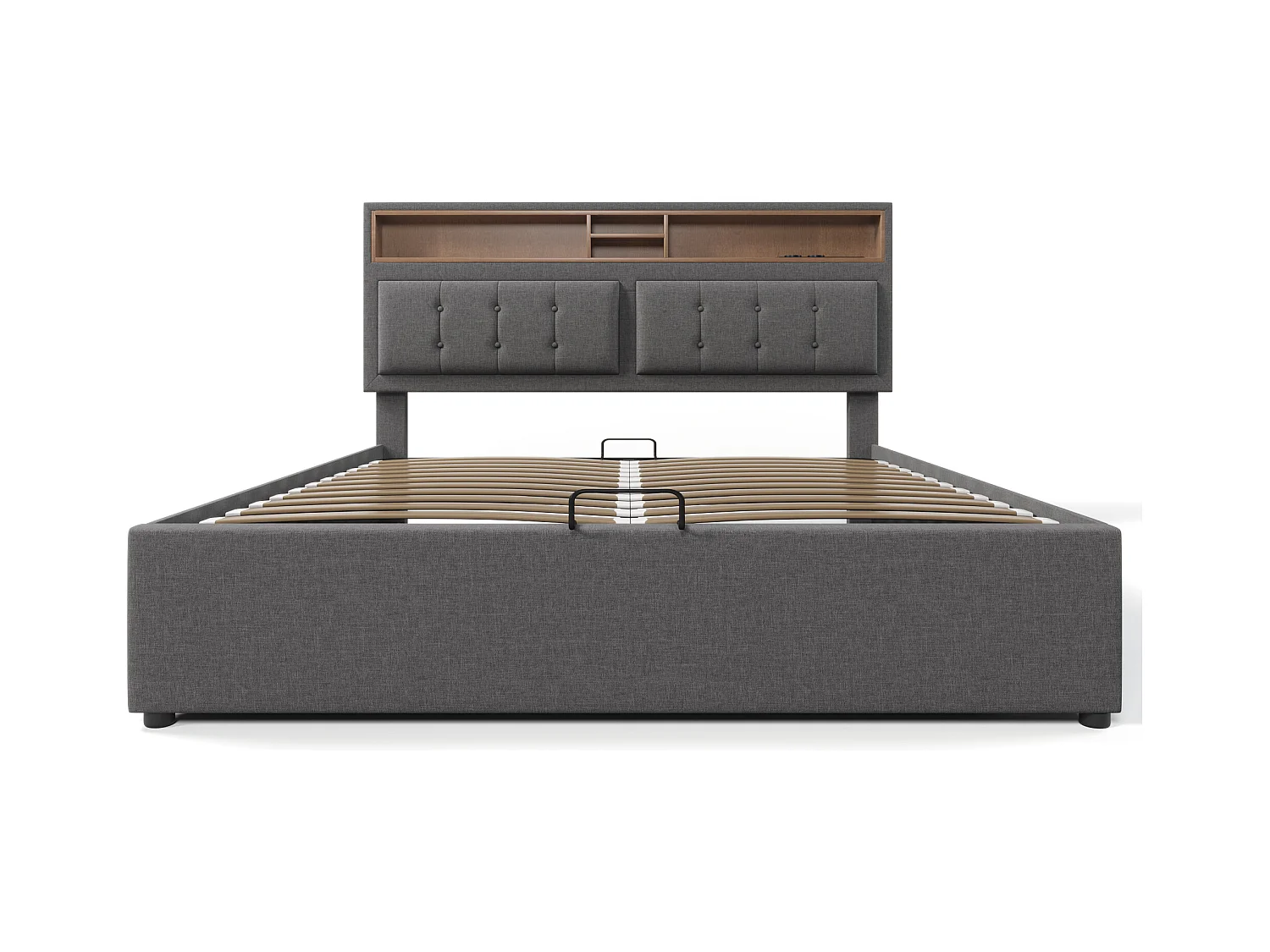 Lit coffre adulte 140x200cm avec USB,Type-C et 2 prises, tissu en lin gris, tête de lit réglable, avec matelas
