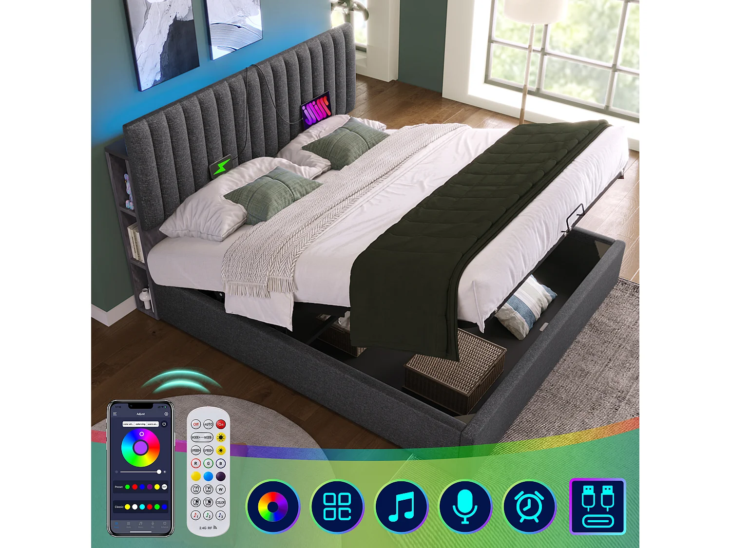 Volwassen opbergbed 140x200cm met LED en USB type-C, in hoogte verstelbaar hoofdeinde, grijze linnen stof, inclusief matras