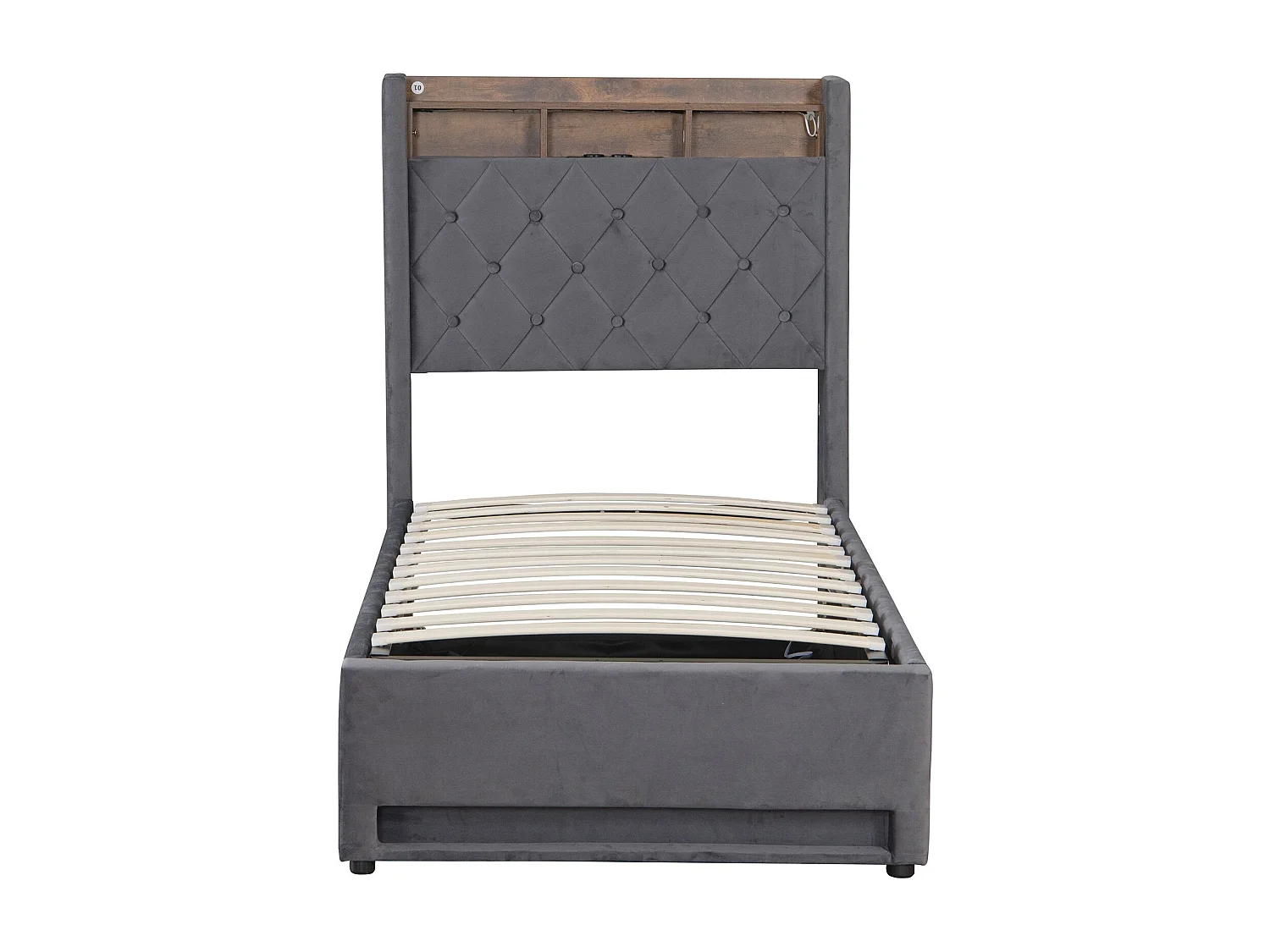 Lit coffre capitonné 90x200 cm,en velours néerlandais gris, avec LED et USB, cadre en MDF et acier, Sans matelas