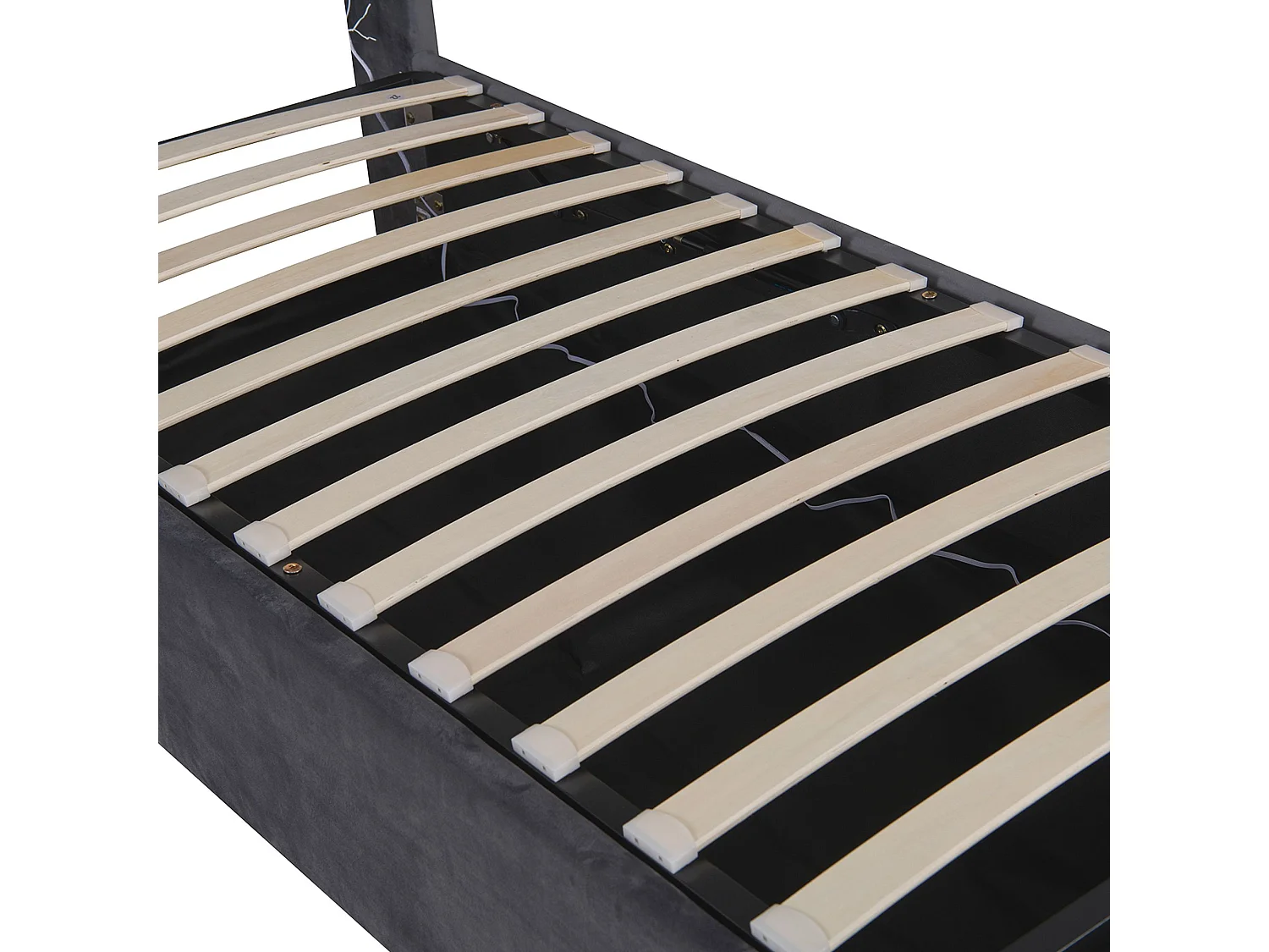 Lit coffre capitonné 90x200 cm,en velours néerlandais gris, avec LED et USB, cadre en MDF et acier, Sans matelas