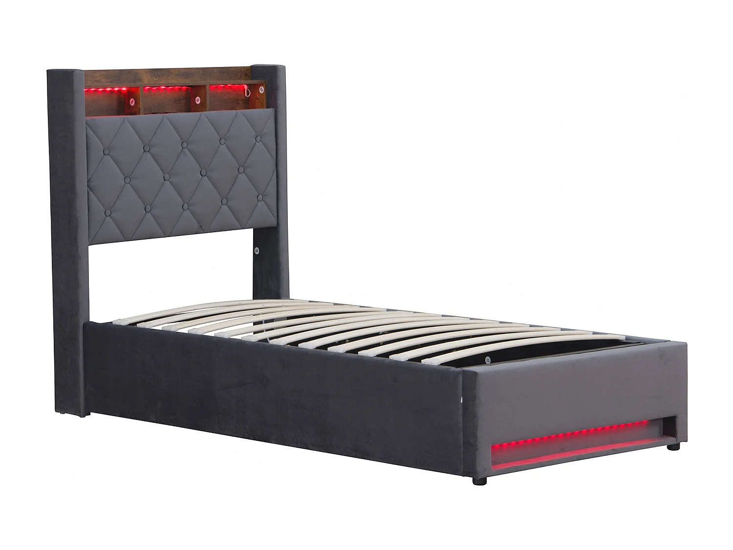 Lit coffre capitonné 90x200 cm,en velours néerlandais gris, avec LED et USB, cadre en MDF et acier, Sans matelas