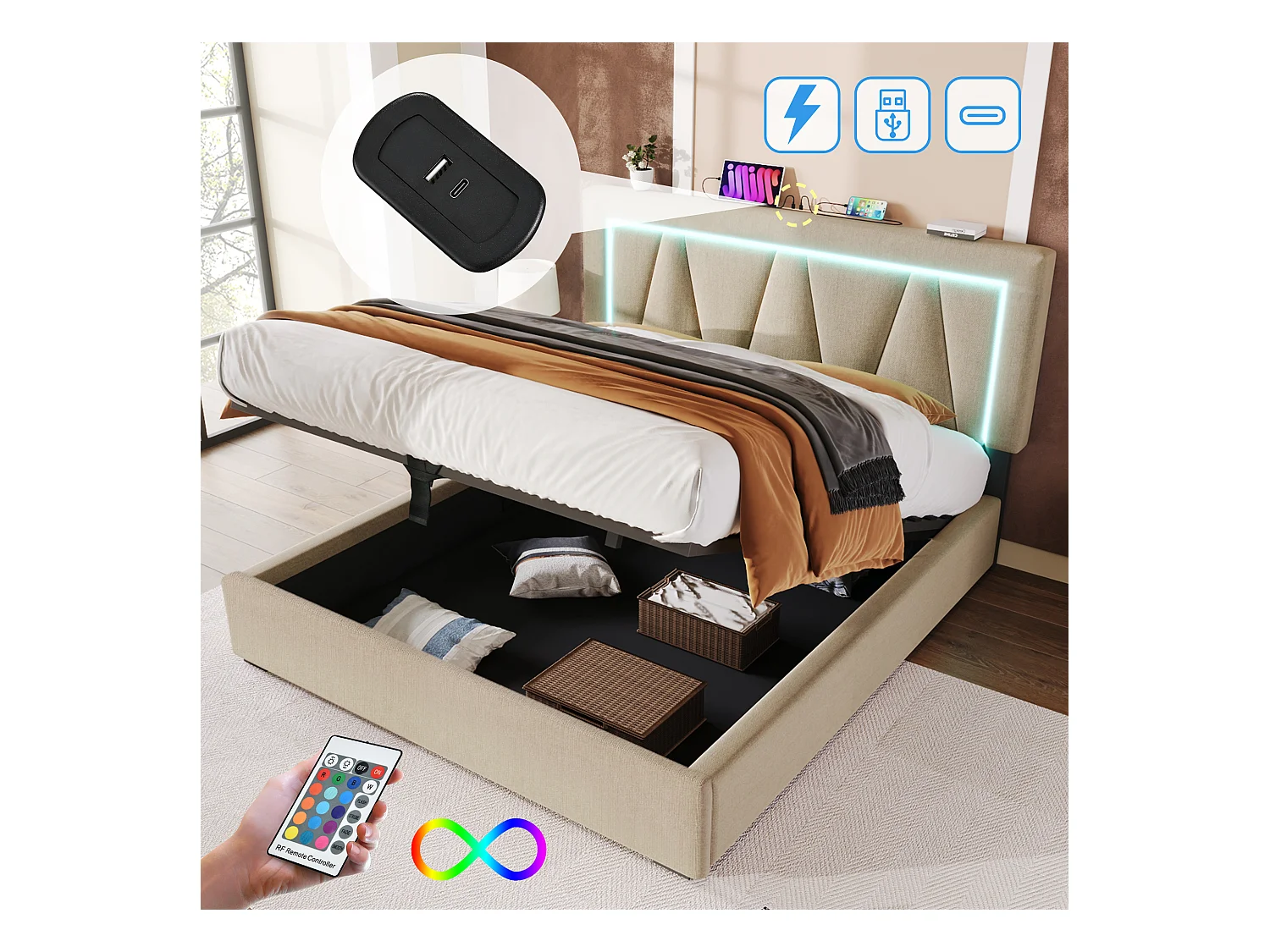 Volwassen opbergbed 140x200cm beige linnen met LED en USB type-C, in hoogte verstelbaar hoofdeinde, inclusief matras