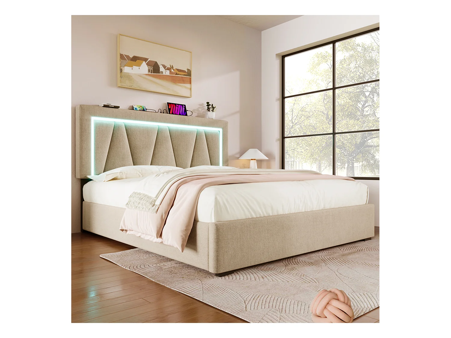 Volwassen opbergbed 140x200cm beige linnen met LED en USB type-C, in hoogte verstelbaar hoofdeinde, inclusief matras