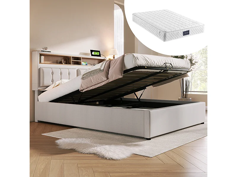 Lit coffre adulte 140x200cm avec USB,Type-C et 2 prises, tissu en lin beige, tête de lit réglable, avec matelas