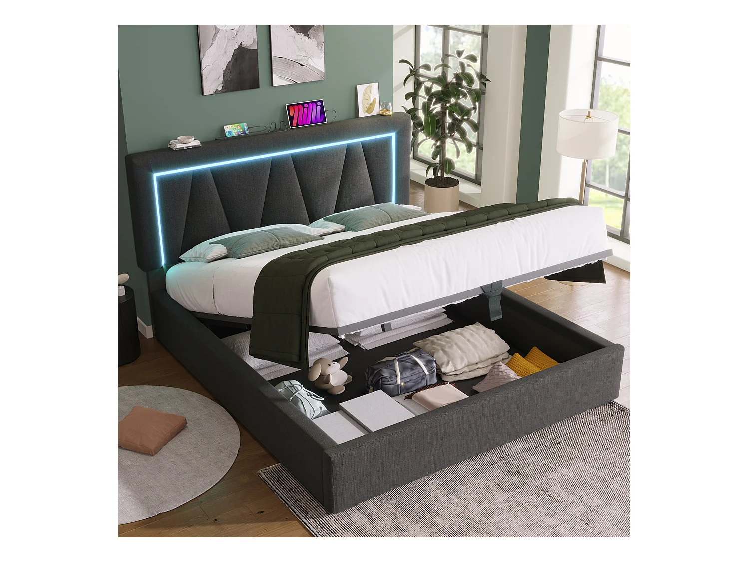 Volwassen opbergbed 140x200cm grijs linnen met LED en USB type-C, in hoogte verstelbaar hoofdeinde, inclusief matras