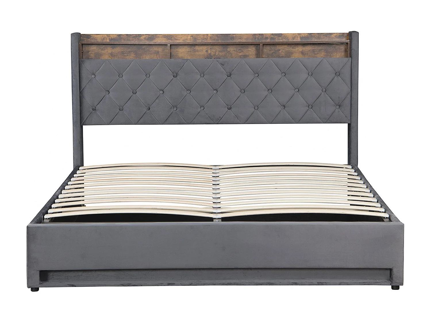 Lit coffre capitonné 140x190 cm,en velours néerlandais gris, avec LED et USB, cadre en MDF et acier, Sans matelas