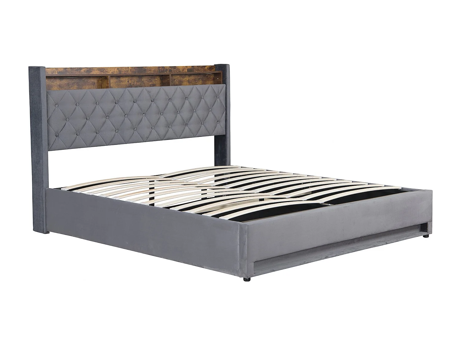 Lit coffre capitonné 140x190 cm,en velours néerlandais gris, avec LED et USB, cadre en MDF et acier, Sans matelas