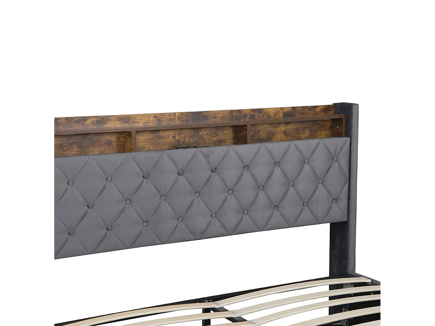 Lit coffre capitonné 140x190 cm,en velours néerlandais gris, avec LED et USB, cadre en MDF et acier, Sans matelas