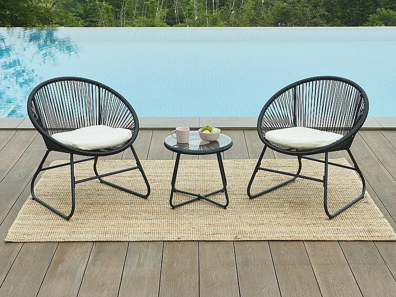 Salon de jardin en résine tressée : 2 fauteuils et une table basse - Noir - PISALE de MYLIA