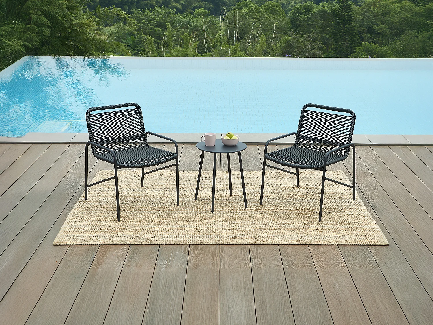 Salon de jardin en métal et résine tressée - 2 fauteuils bas et une table basse - Noir - KANAO de MYLIA