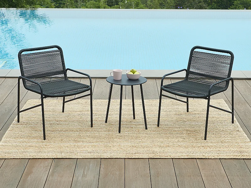 Salon de jardin en métal et résine tressée - 2 fauteuils bas et une table basse - Noir - KANAO de MYLIA