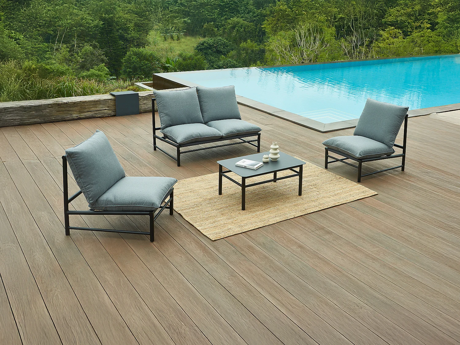 Conjunto de jardim em alumínio: um sofá de 2 lugares, 2 poltronas e uma mesa de centro - Antracite - LISMO da MYLIA