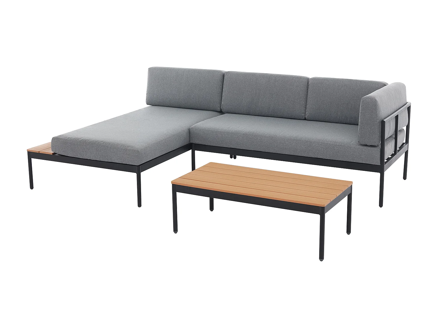 Conjunto de jardim em alumínio: um sofá de canto e uma mesa de centro - Natural claro e almofadas antracite - GUIOMAR da MYLIA