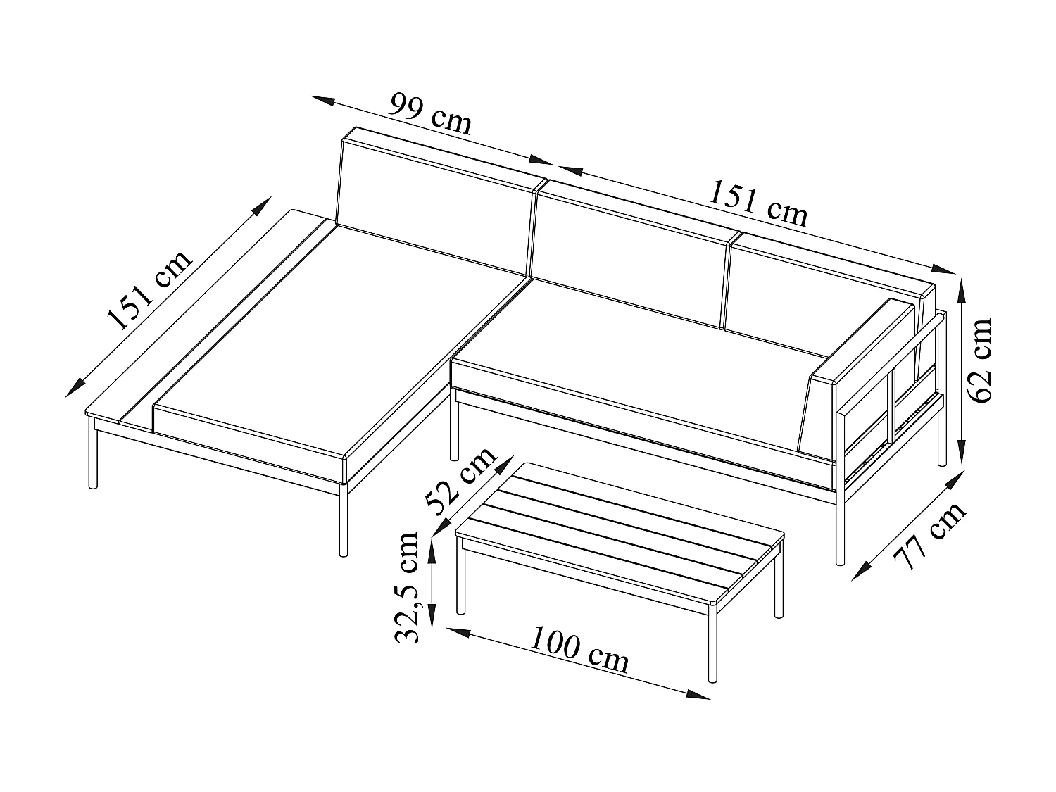 Conjunto de jardim em alumínio: um sofá de canto e uma mesa de centro - Natural claro e almofadas antracite - GUIOMAR da MYLIA