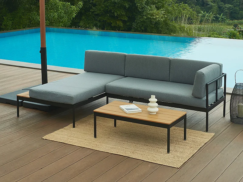Conjunto de jardim em alumínio: um sofá de canto e uma mesa de centro - Natural claro e almofadas antracite - GUIOMAR da MYLIA