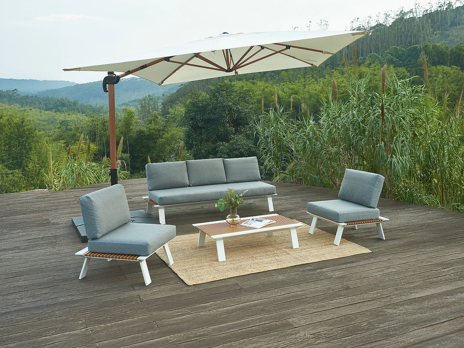 Conjunto de jardim em alumínio: um sofá de 3 lugares, 2 poltronas e uma mesa de centro - Natural claro e almofadas antracite - MALLY da MYLIA