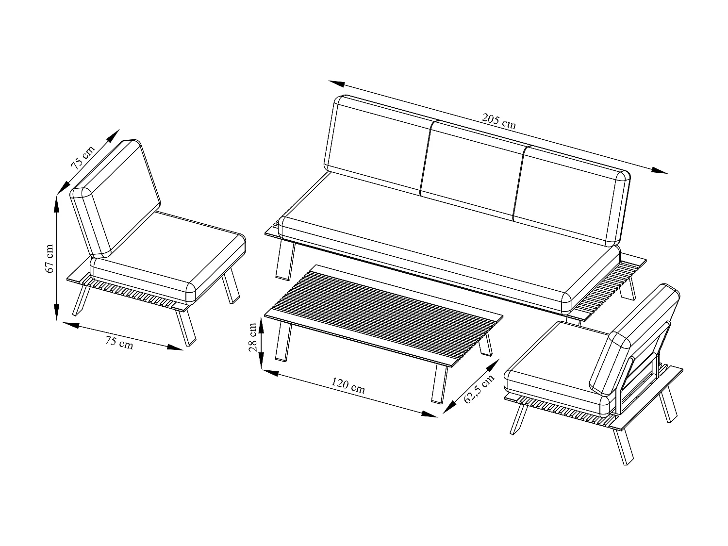 Conjunto de jardim em alumínio: um sofá de 3 lugares, 2 poltronas e uma mesa de centro - Natural claro e almofadas antracite - MALLY da MYLIA