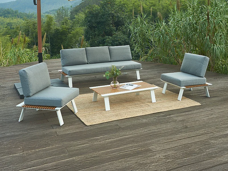 Conjunto de jardim em alumínio: um sofá de 3 lugares, 2 poltronas e uma mesa de centro - Natural claro e almofadas antracite - MALLY da MYLIA