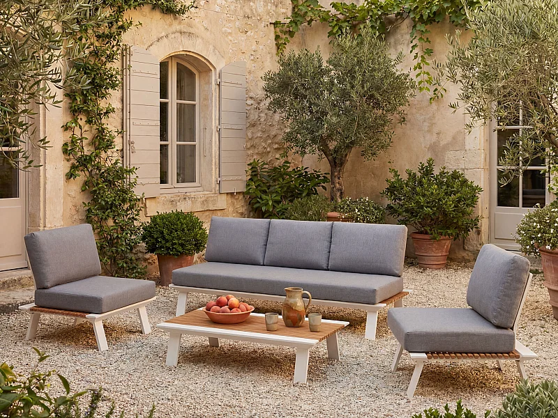 Conjunto de jardim em alumínio: um sofá de 3 lugares, 2 poltronas e uma mesa de centro - Natural claro e almofadas antracite - MALLY da MYLIA